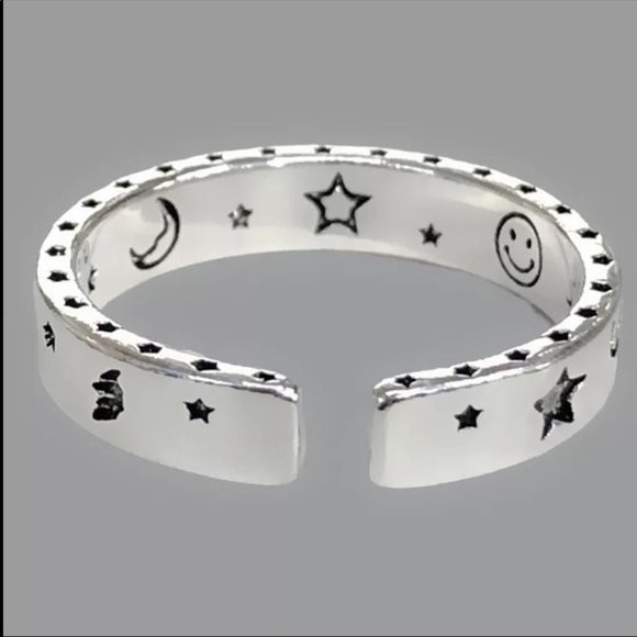 New Vintage 925 Silver Carved Moon Star Open Ring - Picture 3 of 6